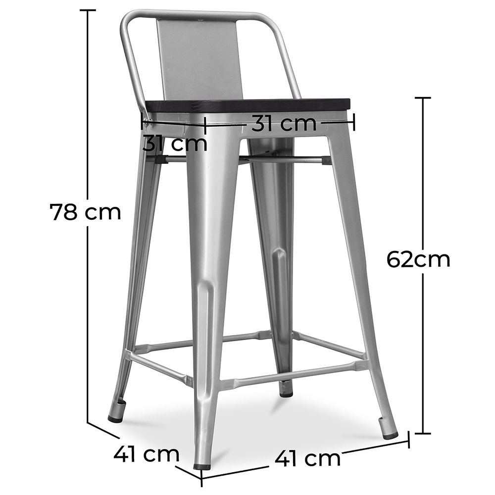 Sgabello da bar di design industriale con schienale - Legno e acciaio - 60 cm - Metalix
