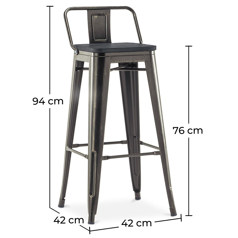 Sgabello da bar stile Bistrot Metalix con  schienale basso  - Metallo e legno scuro - 76 cm