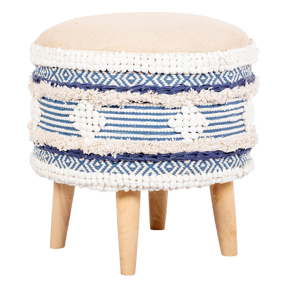 Sgabello Imbottito Stile Boho Bali in Legno - Rivestimento di Cotone e Filato Riciclato - Zoe Bali