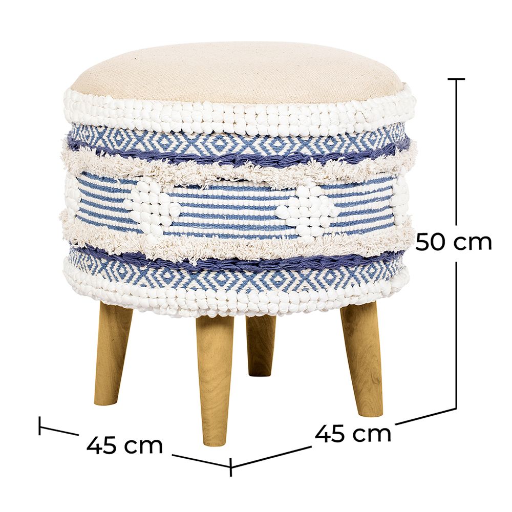 Sgabello Imbottito Stile Boho Bali in Legno - Rivestimento di Cotone e Filato Riciclato - Zoe Bali