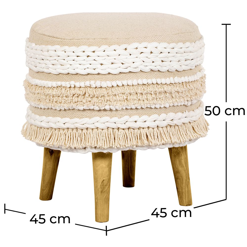 Sgabello Imbottito Stile Boho Bali in Legno - Rivestimento di Cotone e Filato Riciclato - Isabella Bali