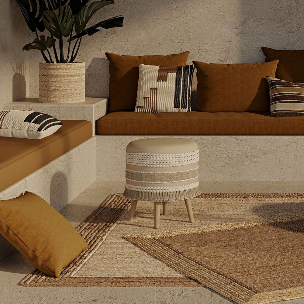 Sgabello Imbottito Stile Boho Bali in Legno - Rivestimento di Cotone e Filato Riciclato - Isabella Bali