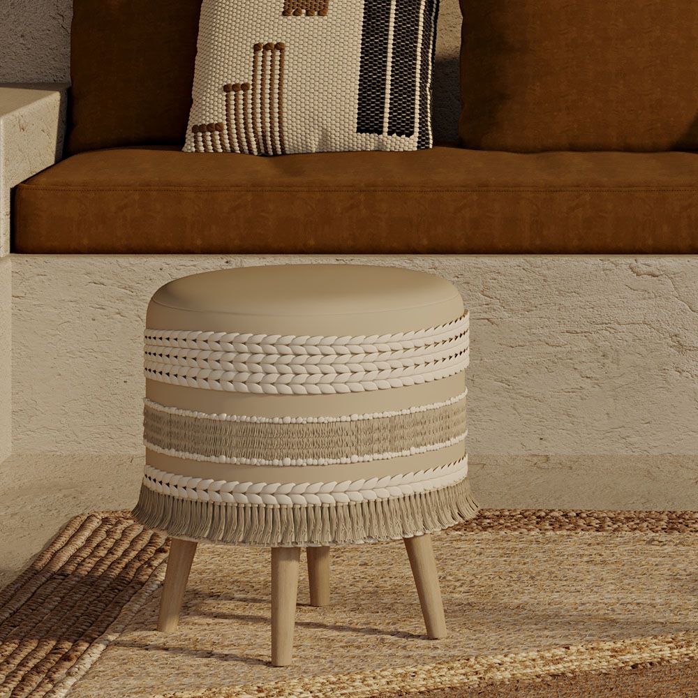Sgabello Imbottito Stile Boho Bali in Legno - Rivestimento di Cotone e Filato Riciclato - Isabella Bali