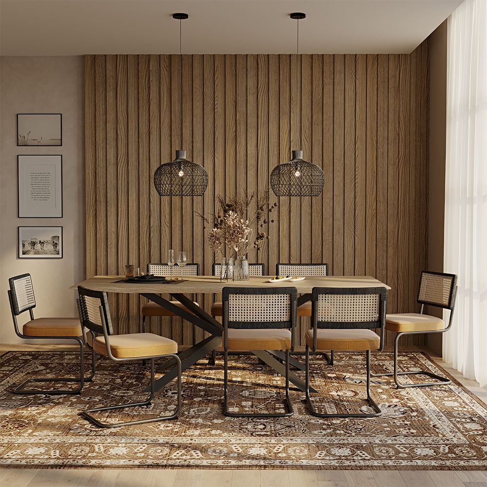 Set Tavolo in Legno in Stile Industriale (220cm) & 8 Sedie Mesh in Rattan e Velluto - Nema