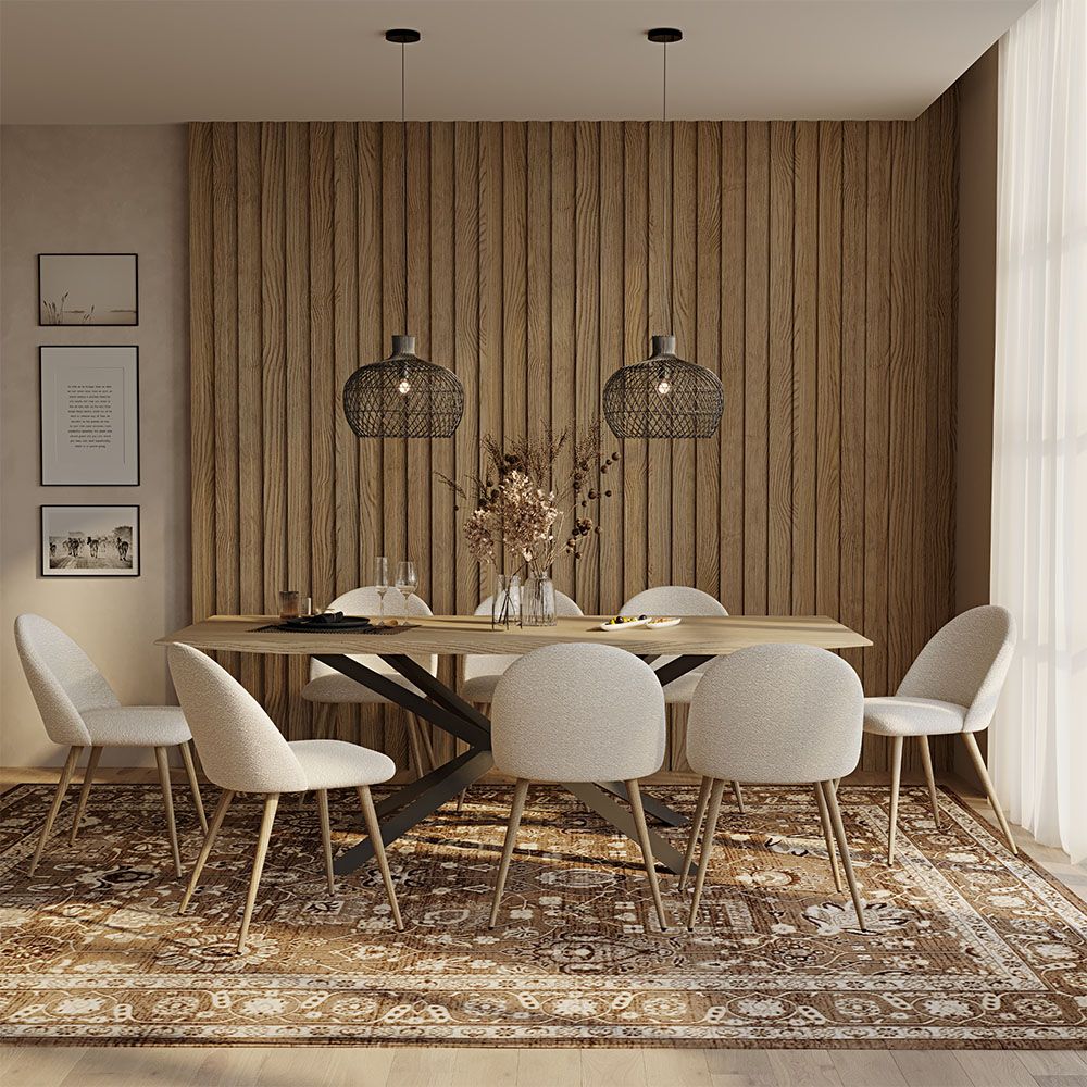 Set Tavolo in Legno in Stile Industriale (220cm) & 8 Sedie Imbottite in Bouclé - Bennett
