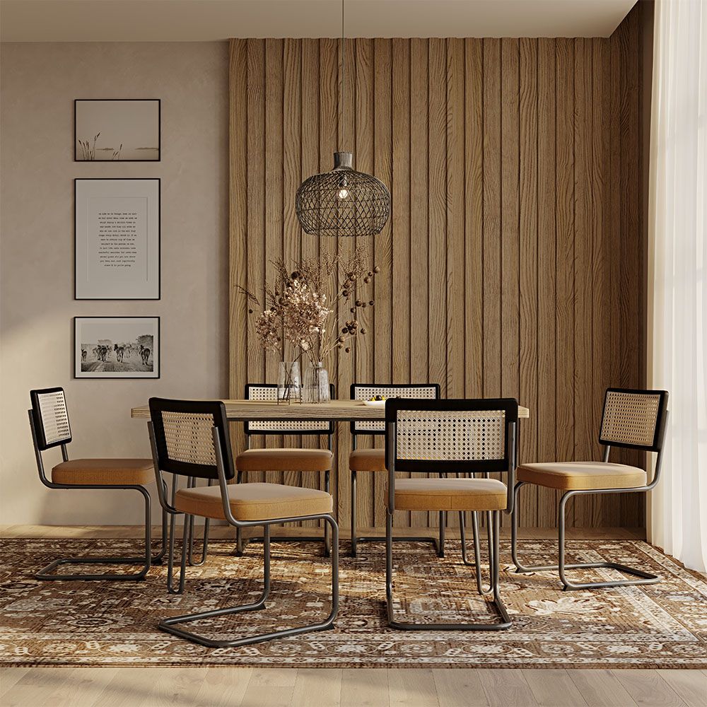 Set Tavolo da Pranzo Hairpin 150x90 & 6 Sedie Nere Mesh in Rattan e Velluto - Nema