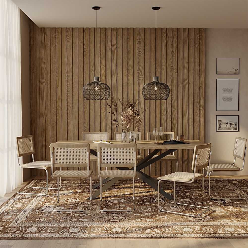 Set Tavolo in Legno in Stile Industriale (220cm) & 8 Sedie Mesh in Rattan - Lia