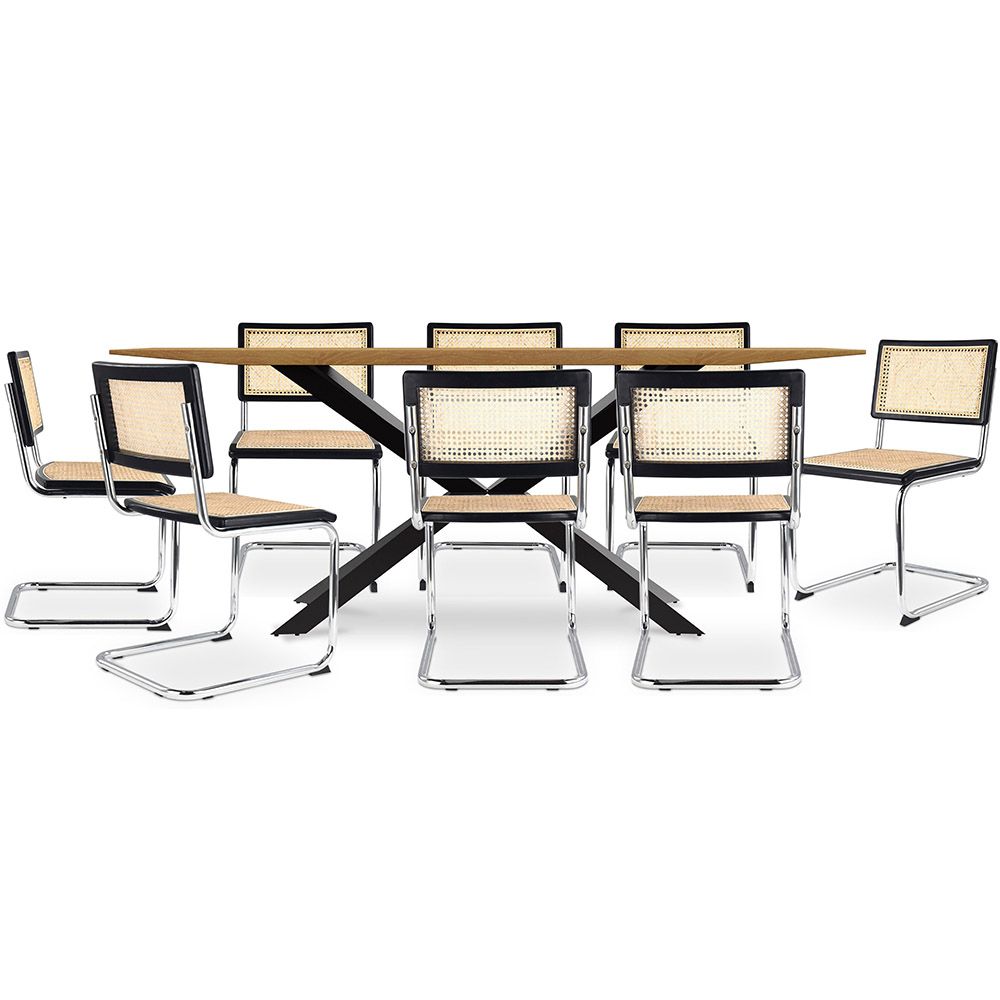 Set Tavolo in Legno in Stile Industriale (220cm) & 8 Sedie Mesh in Rattan - Lia