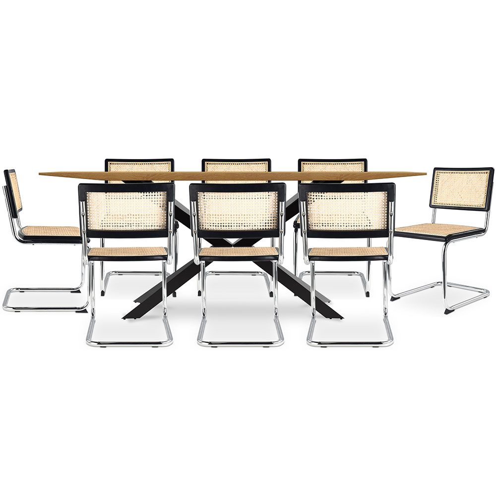 Set Tavolo in Legno in Stile Industriale (220cm) & 8 Sedie Mesh in Rattan - Lia
