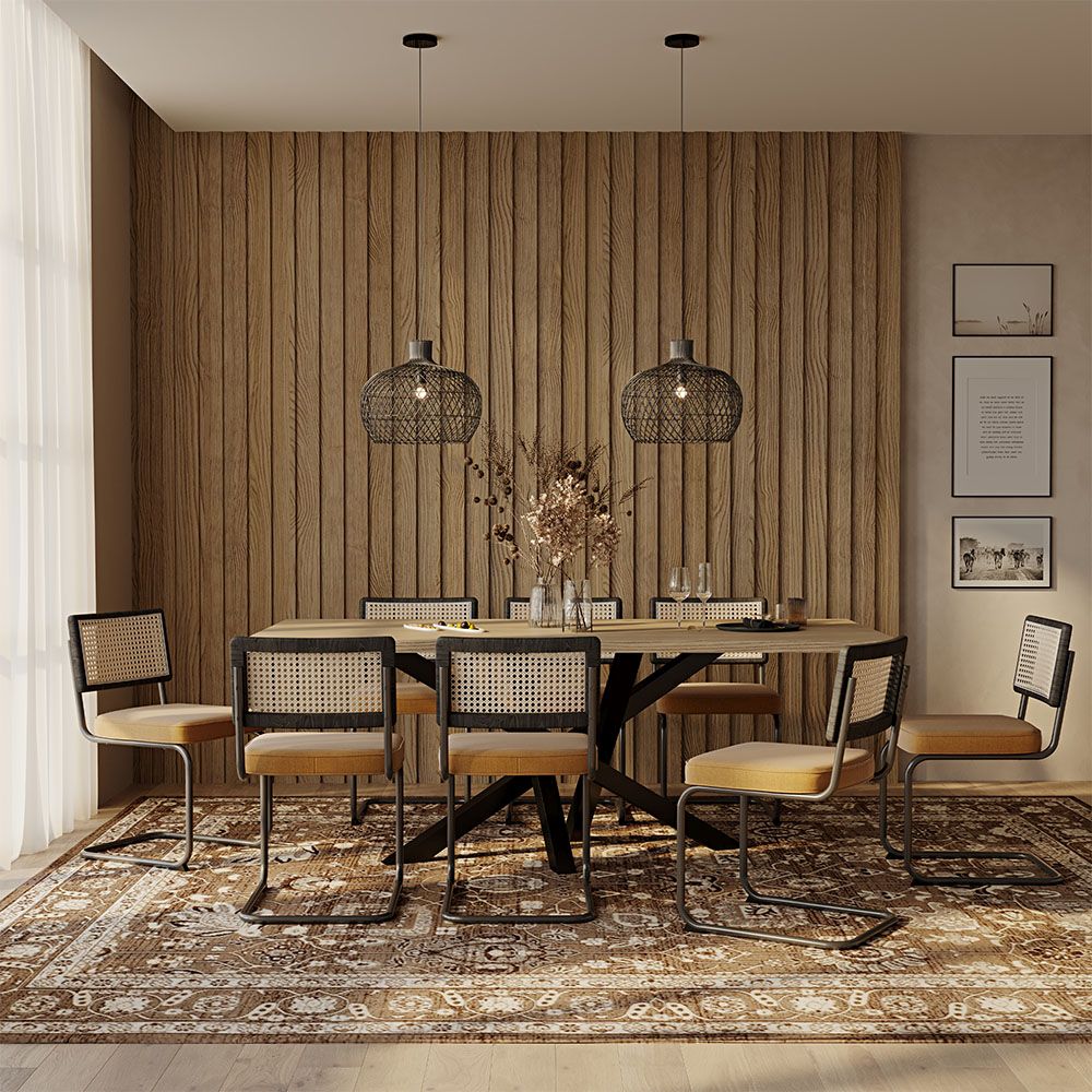Set Tavolo in Legno in Stile Industriale (200cm) & 8 Sedie Mesh in Rattan e Velluto - Nema