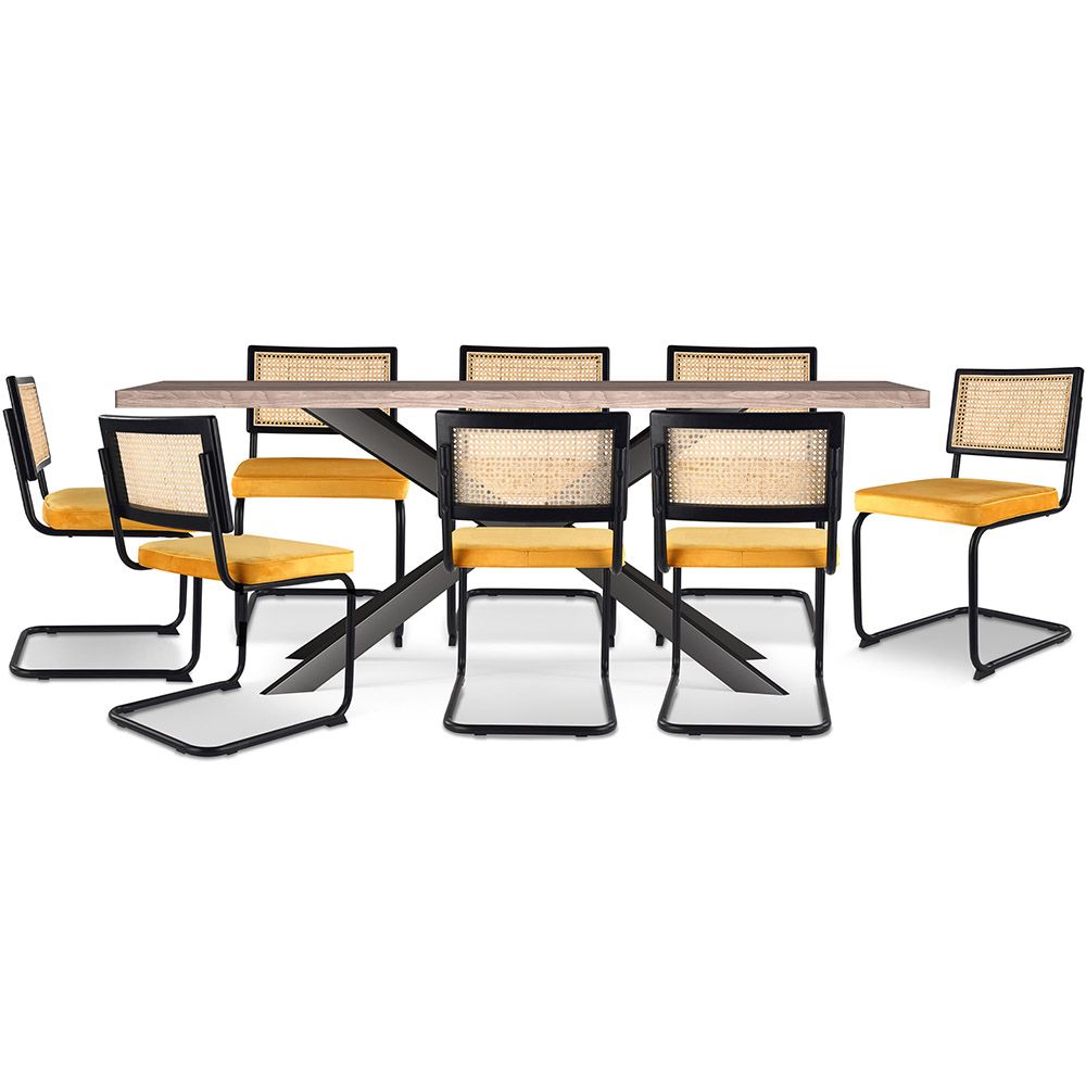 Set Tavolo in Legno in Stile Industriale (200cm) & 8 Sedie Mesh in Rattan e Velluto - Nema