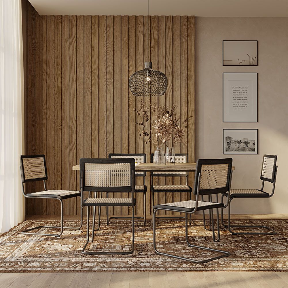 Set Tavolo da Pranzo Hairpin 150x90 & 6 Sedie Nere Mesh in Rattan - Canvas