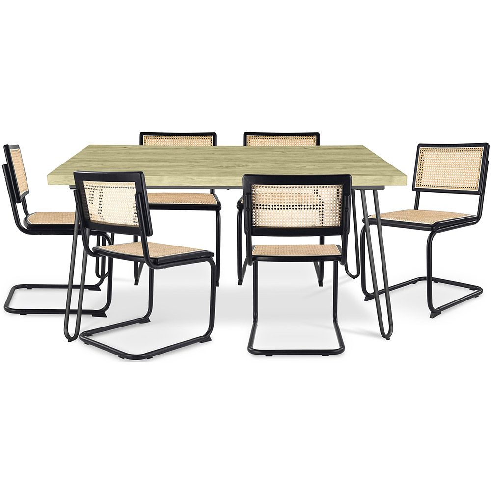 Set Tavolo da Pranzo Hairpin 150x90 & 6 Sedie Nere Mesh in Rattan - Canvas