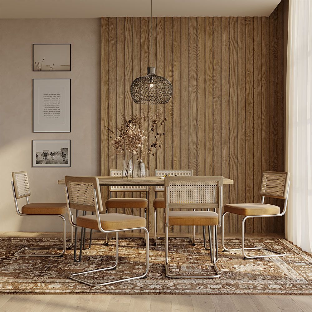 Set Tavolo da Pranzo Hairpin 150x90 & 6 Sedie Nere Mesh in Rattan e Velluto - Wanda