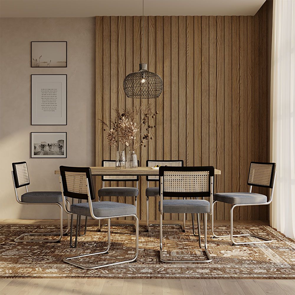 Set Tavolo da Pranzo Hairpin 150x90 & 6 Sedie Nere Mesh in Rattan e Velluto- Jenka