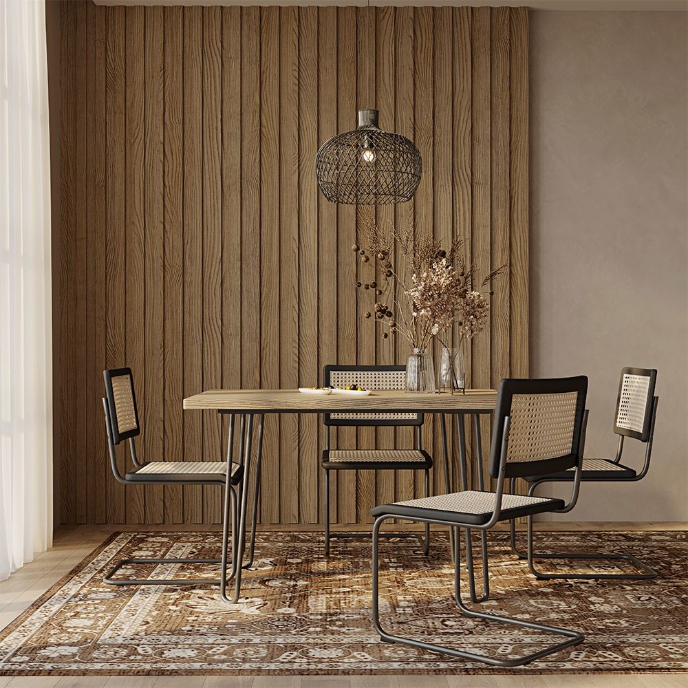 Set Tavolo da Pranzo Hairpin 120x90 & 4 Sedie Nere Mesh in Rattan - Canvas