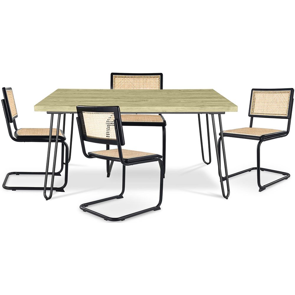 Set Tavolo da Pranzo Hairpin 120x90 & 4 Sedie Nere Mesh in Rattan - Canvas