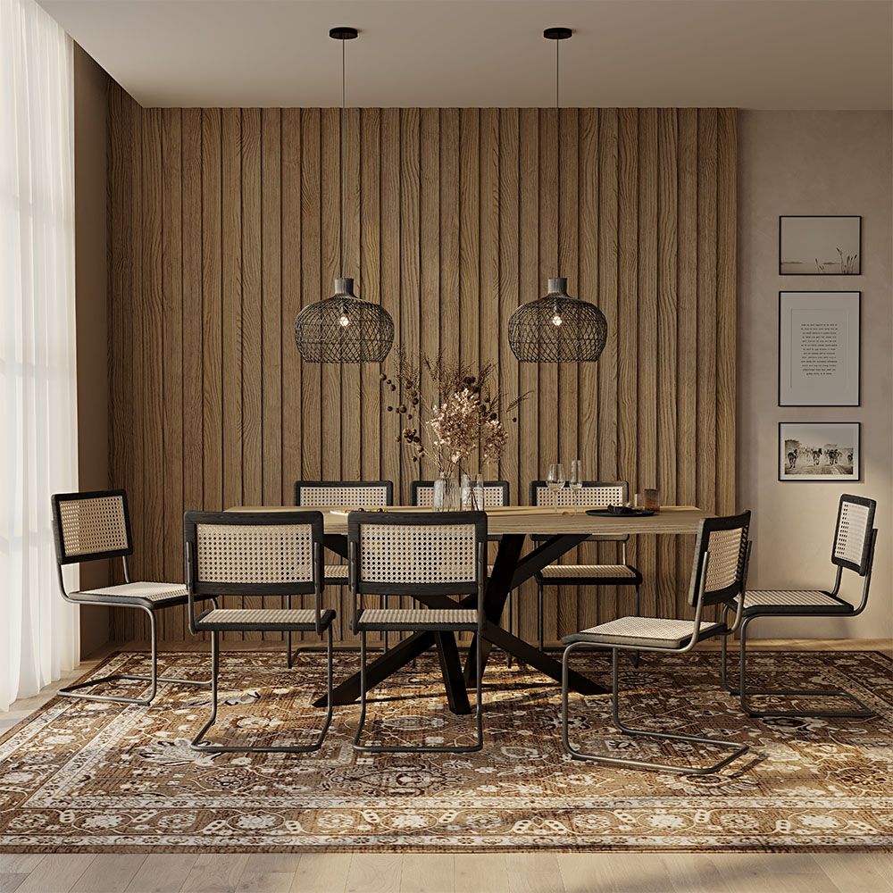 Set Tavolo in Legno in Stile Industriale (200cm) & 8 Sedie Mesh in Rattan e Legno Nero - Canvas