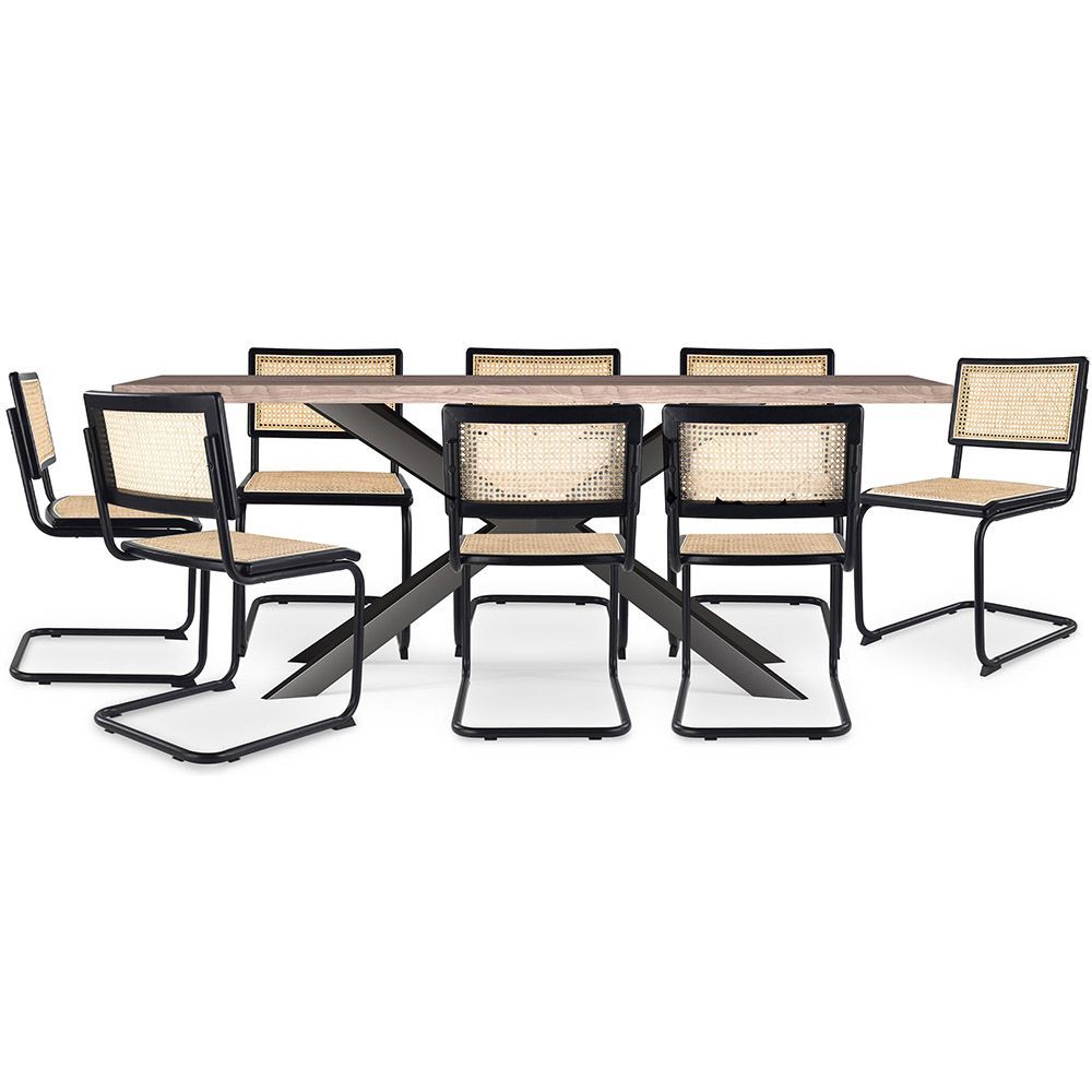 Set Tavolo in Legno in Stile Industriale (200cm) & 8 Sedie Mesh in Rattan e Legno Nero - Canvas