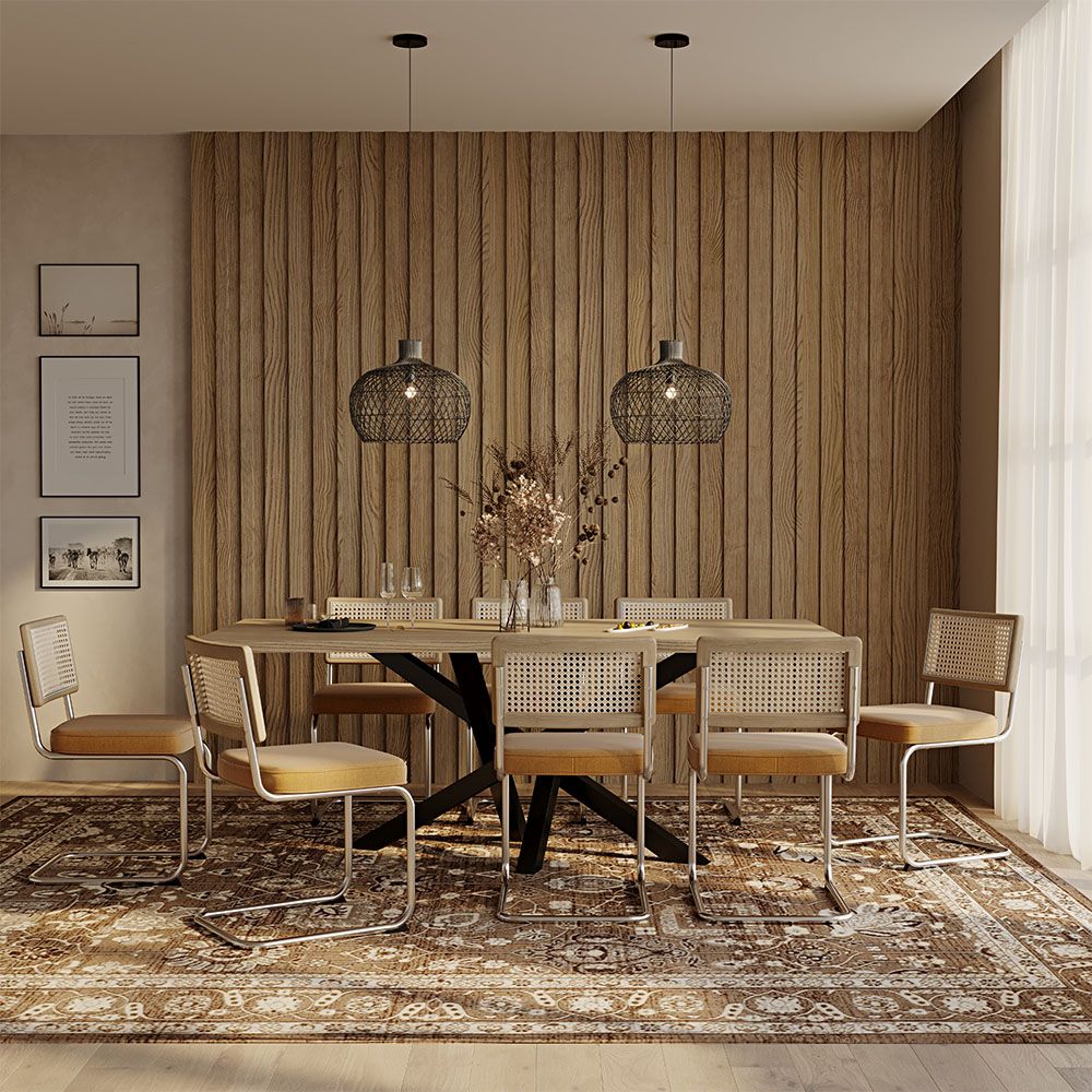 Set Tavolo in Legno in Stile Industriale (200cm) & 8 Sedie Mesh in Rattan e Velluto - Wanda
