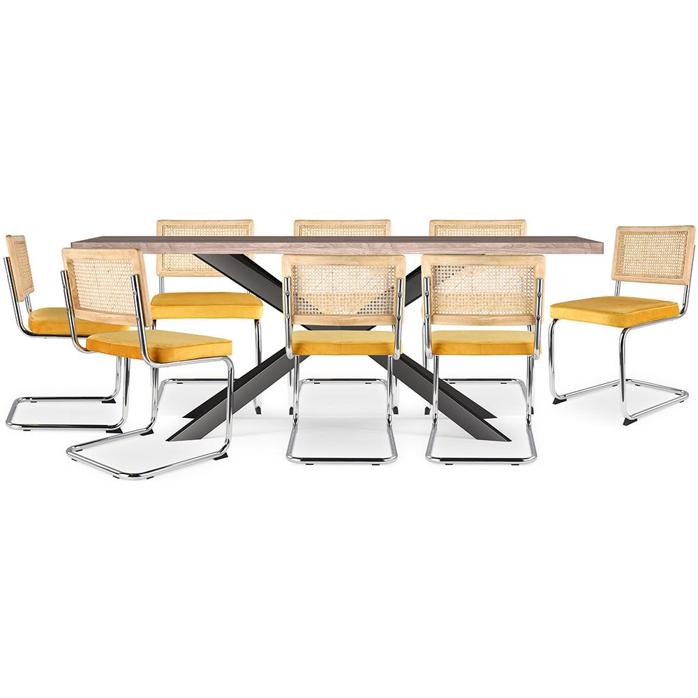 Set Tavolo in Legno in Stile Industriale (200cm) & 8 Sedie Mesh in Rattan e Velluto - Wanda