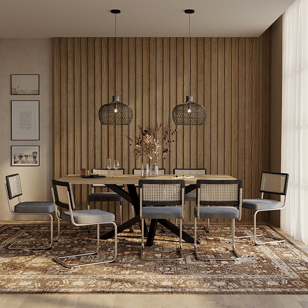 Set Tavolo in Legno in Stile Industriale (200cm) & 8 Sedie Mesh in Rattan e Velluto - Jenka