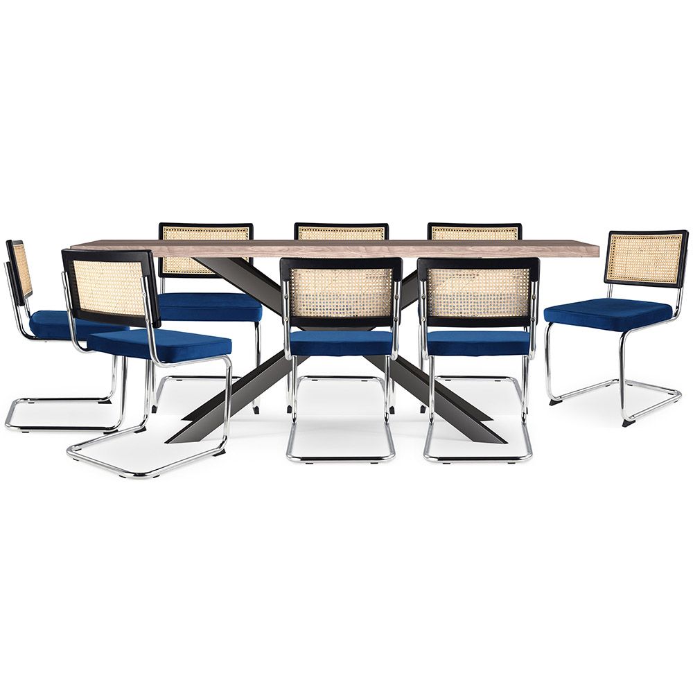 Set Tavolo in Legno in Stile Industriale (200cm) & 8 Sedie Mesh in Rattan e Velluto - Jenka