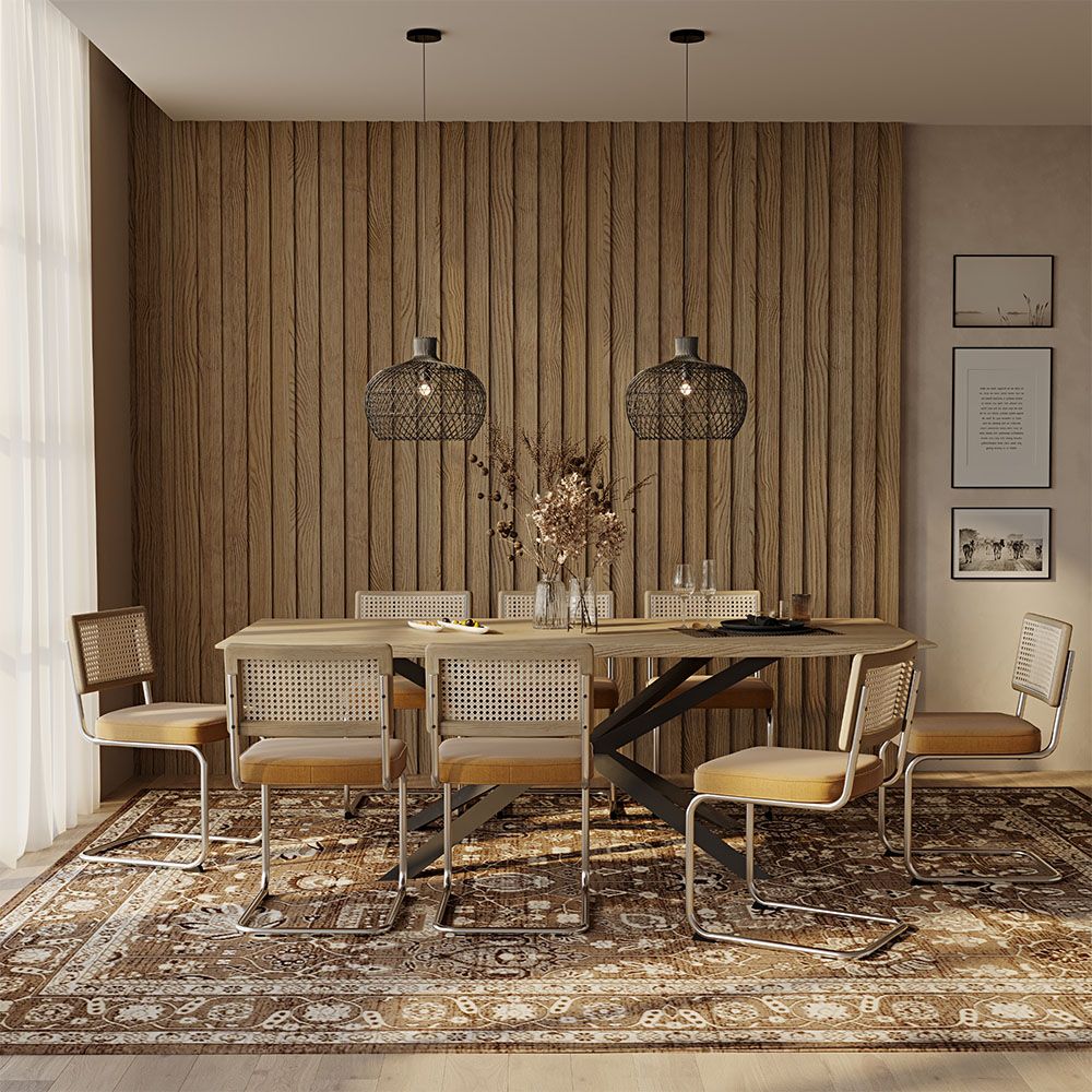 Set Tavolo in Legno in Stile Industriale (220cm) & 8 Sedie Mesh in Rattan e Velluto - Wanda