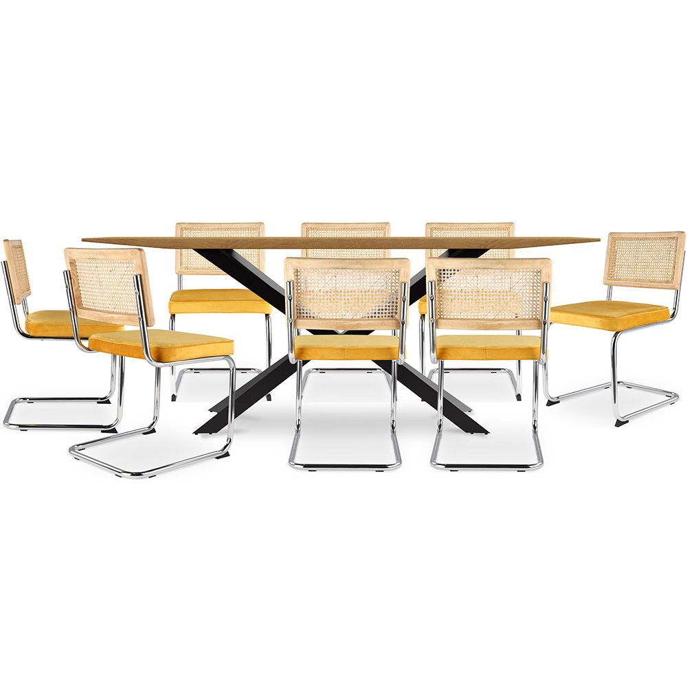 Set Tavolo in Legno in Stile Industriale (220cm) & 8 Sedie Mesh in Rattan e Velluto - Wanda