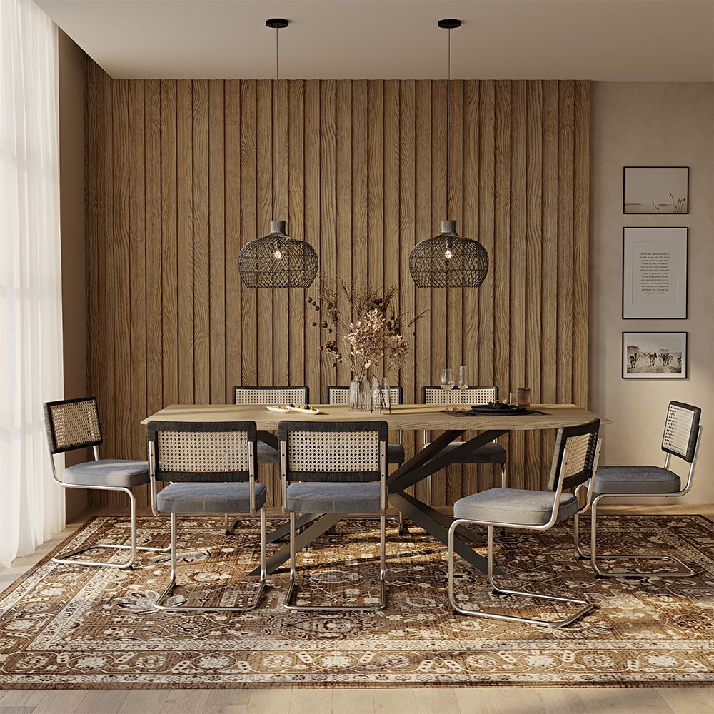 Set Tavolo in Legno in Stile Industriale (220cm) & 8 Sedie Mesh in Rattan e Velluto - Jenka