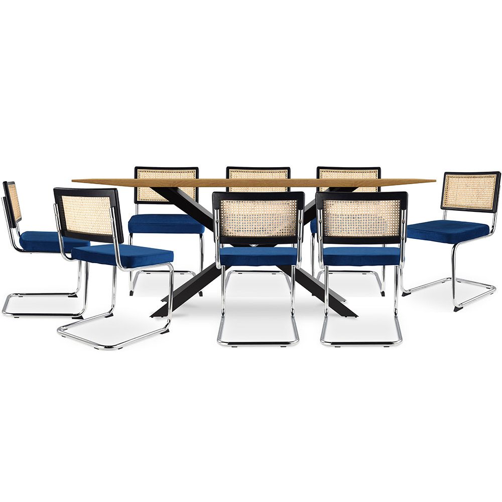 Set Tavolo in Legno in Stile Industriale (220cm) & 8 Sedie Mesh in Rattan e Velluto - Jenka