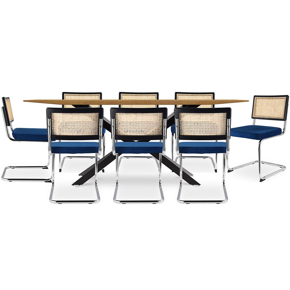 Set Tavolo in Legno in Stile Industriale (220cm) & 8 Sedie Mesh in Rattan e Velluto - Jenka