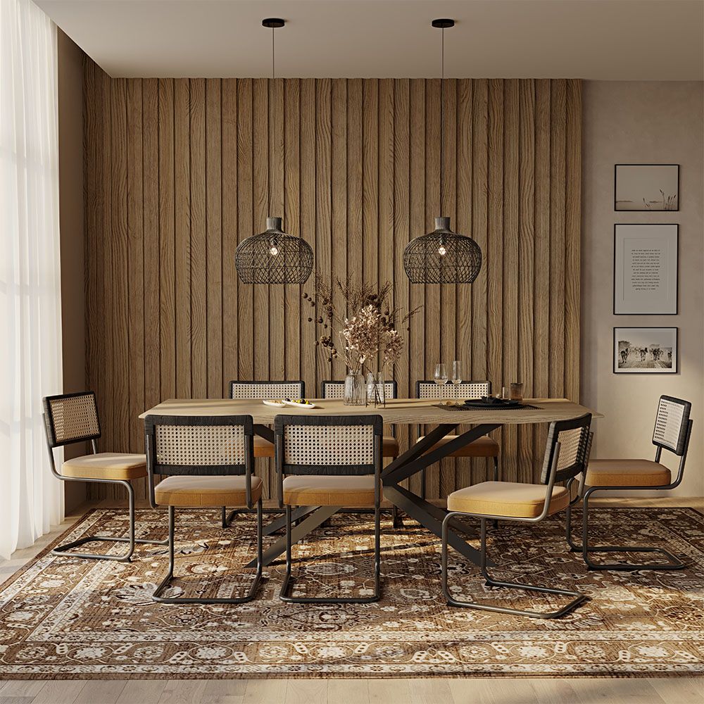 Set Tavolo in Legno in Stile Industriale (220cm) & 8 Sedie Mesh in Rattan e Legno Nero - Lona