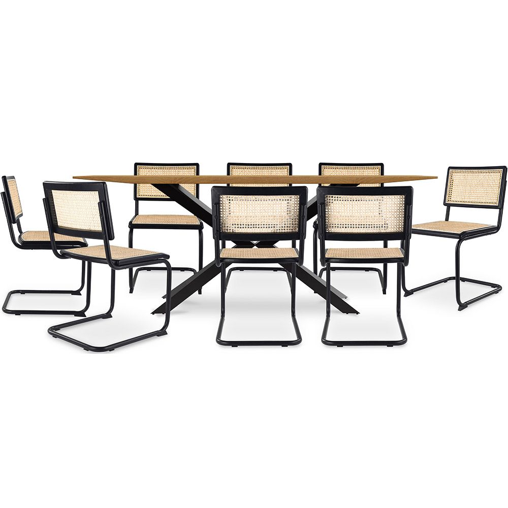 Set Tavolo in Legno in Stile Industriale (220cm) & 8 Sedie Mesh in Rattan e Legno Nero - Lona