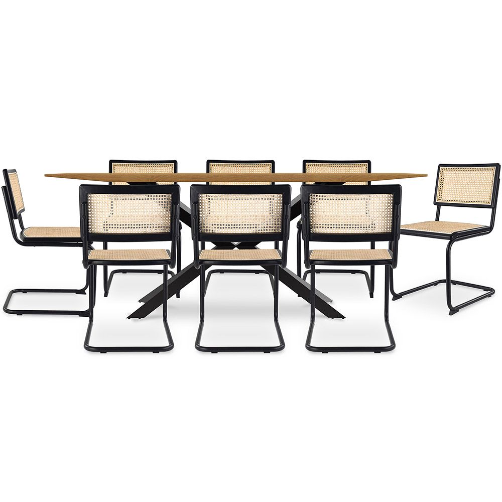 Set Tavolo in Legno in Stile Industriale (220cm) & 8 Sedie Mesh in Rattan e Legno Nero - Lona